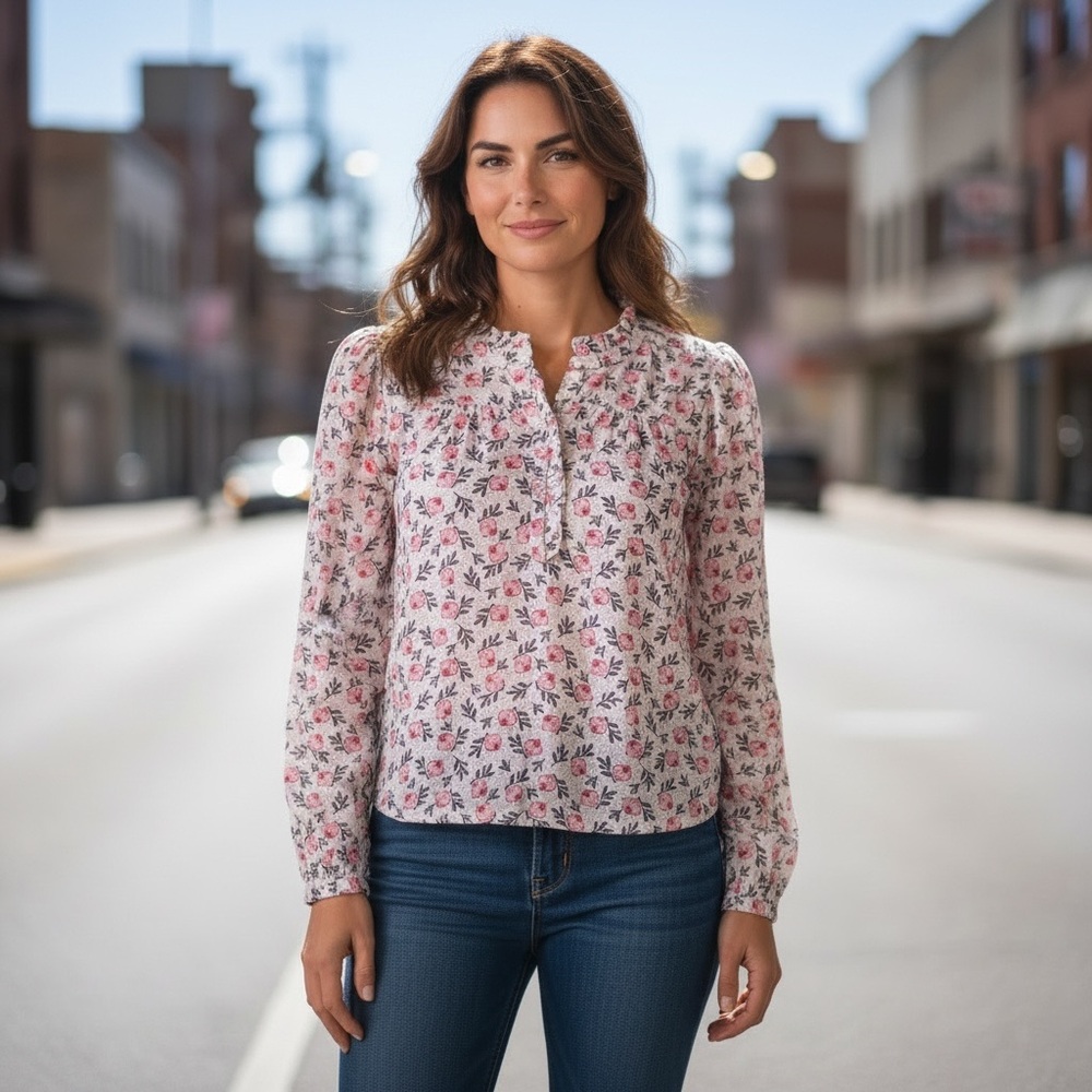 LOFT Flowy Pink Floral Long-Sleeve V-Neck Blouse